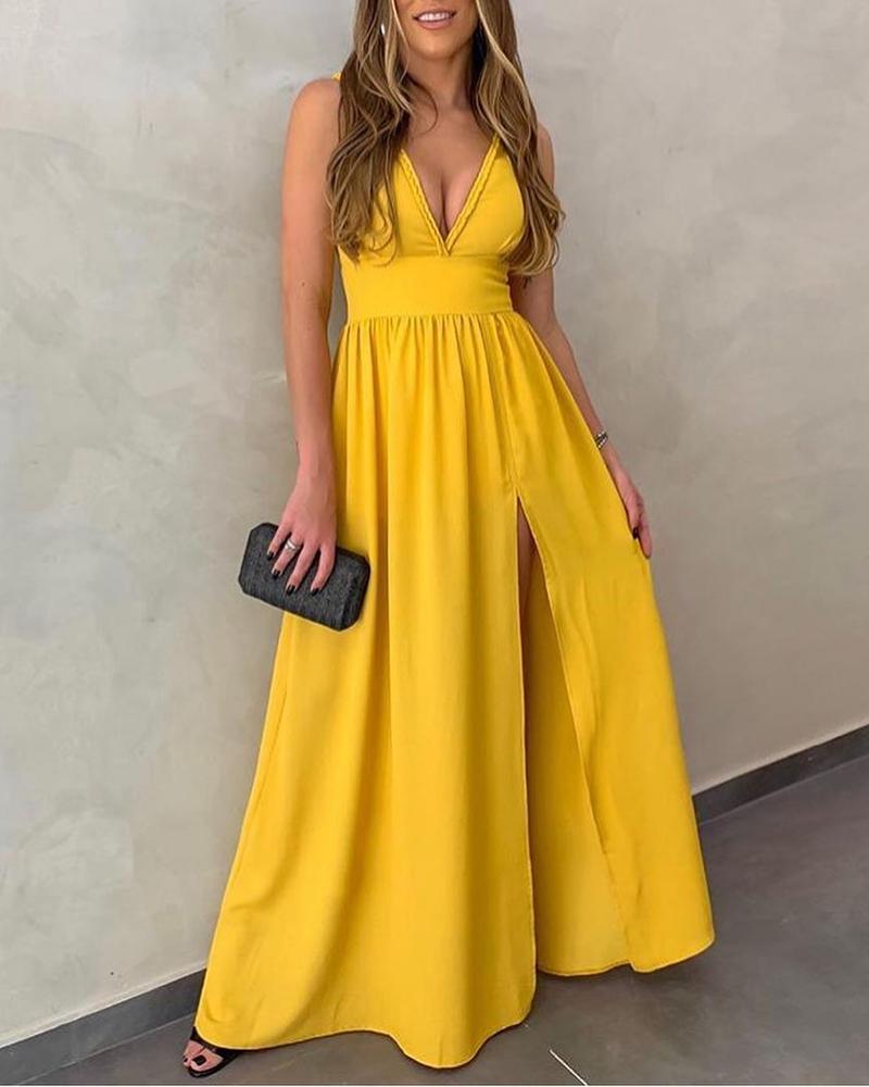 

Plunge Thigh Slit Ruched Sleeveless Maxi Dress, Yellow