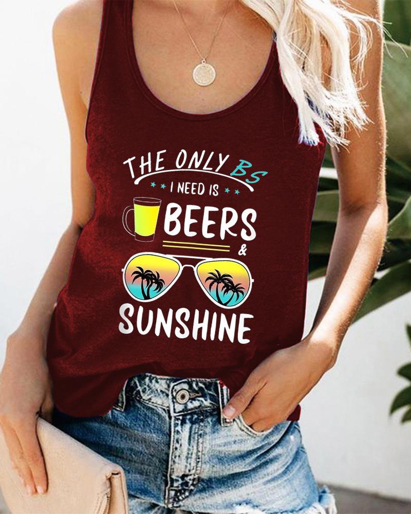 

Sunglasses Beers Coconut Tree Letter Print Graphic Tee Summer Beach Vest Tank Top, Wine red