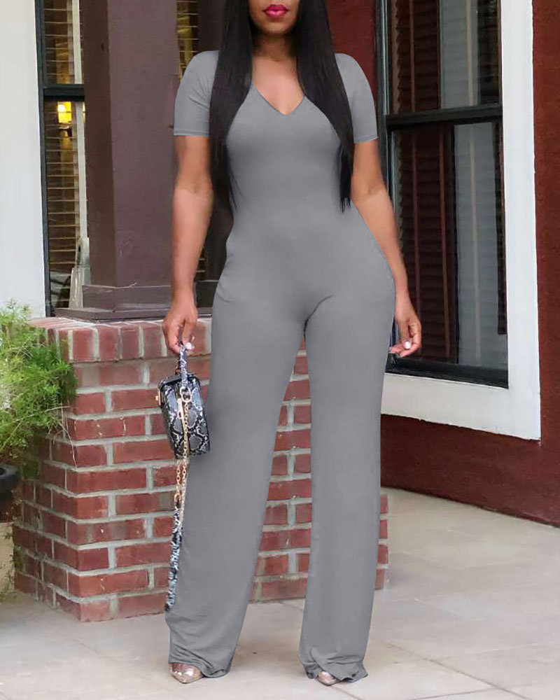 

Plain V-Neck Short Sleeve Jumpsuit, Gray