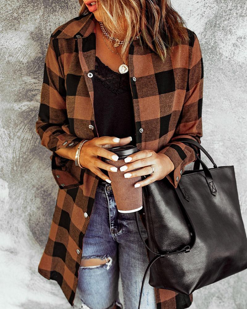 

Plaid Print Buttoned Long Sleeve Shacket, Brown