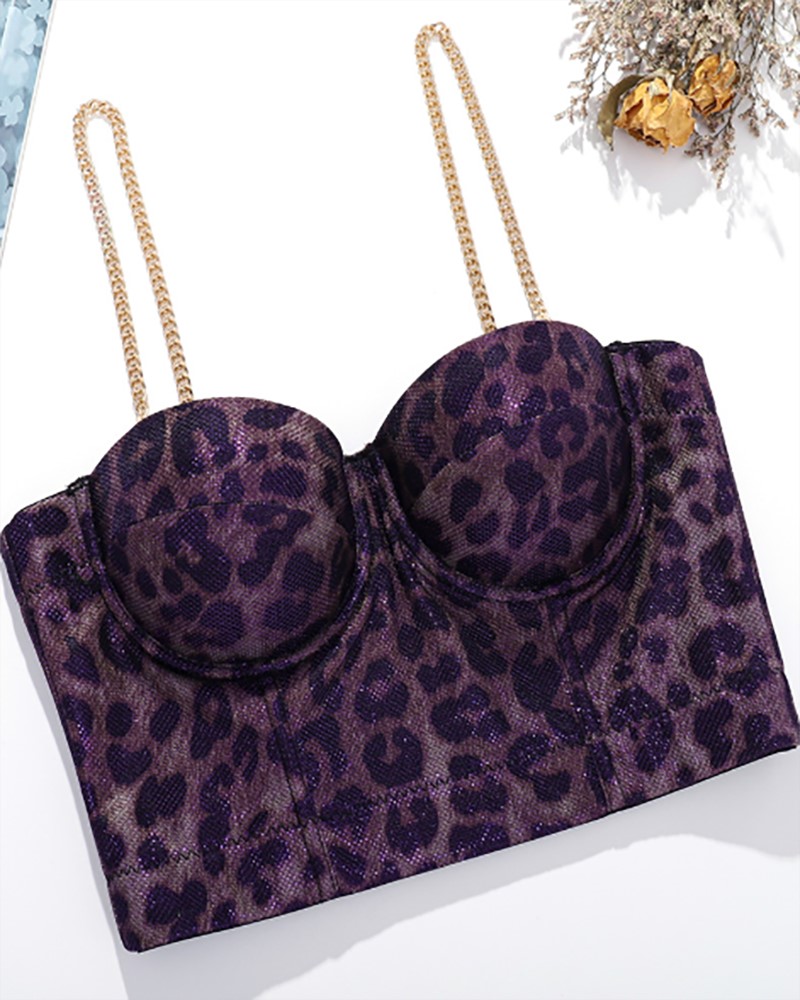 

Cheetah Print Chain Strap Corset Crop Top, Purple