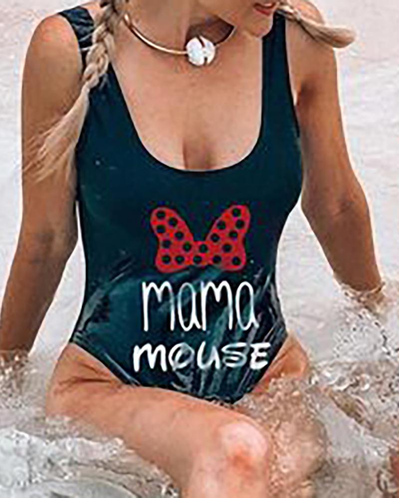 

Mommy & me Bowknot Letter Print U-Neck One Piece Swimsuit For Kids, Black