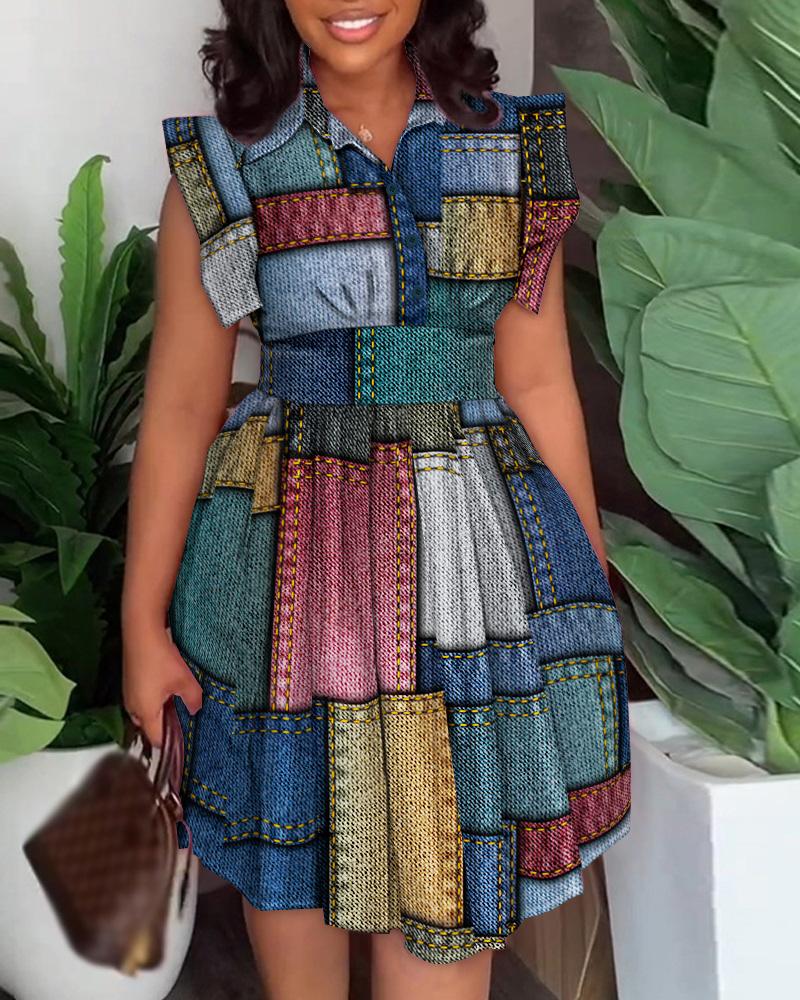 

Denim Look Print Flutter Sleeve Pleated Casual Dress, Multicolor