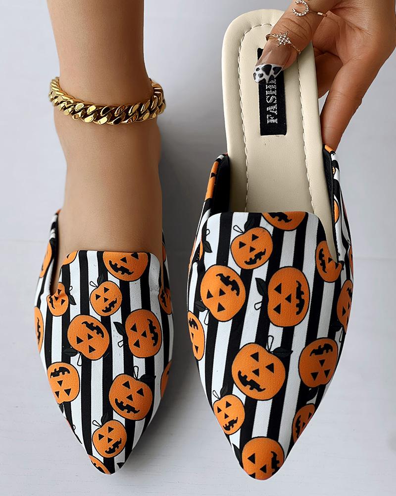 Halloween Pumpkin Face Print Striped Slippers Point Toe Mules