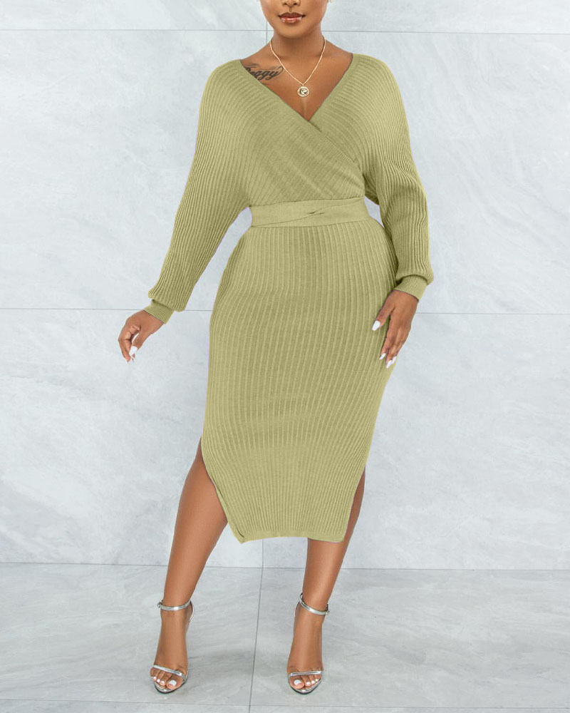 

Ribbed Long Sleeve Tie Back Split Hem Wrap Dress, Green