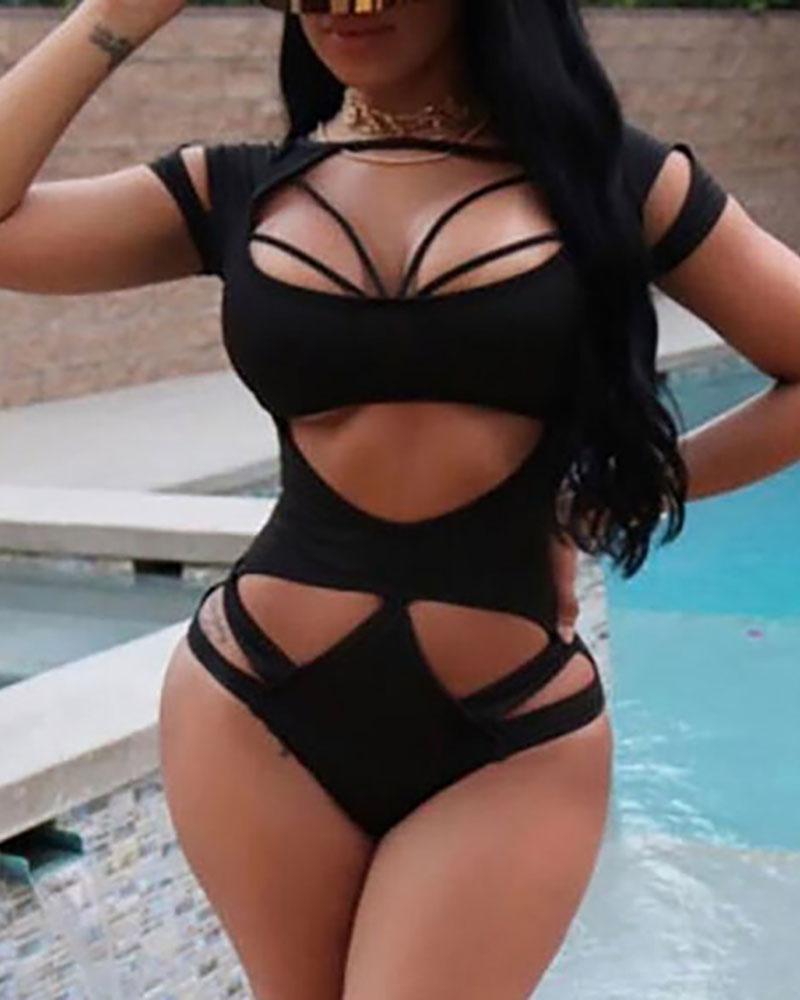 

Cutout Short Sleeve One Piece Swimsuit, Black