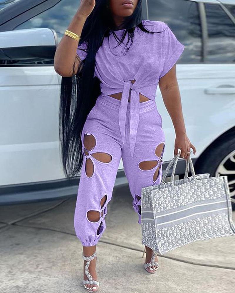 

Tied Detail Top & Hollow Out Cuffed Pants Set, Purple