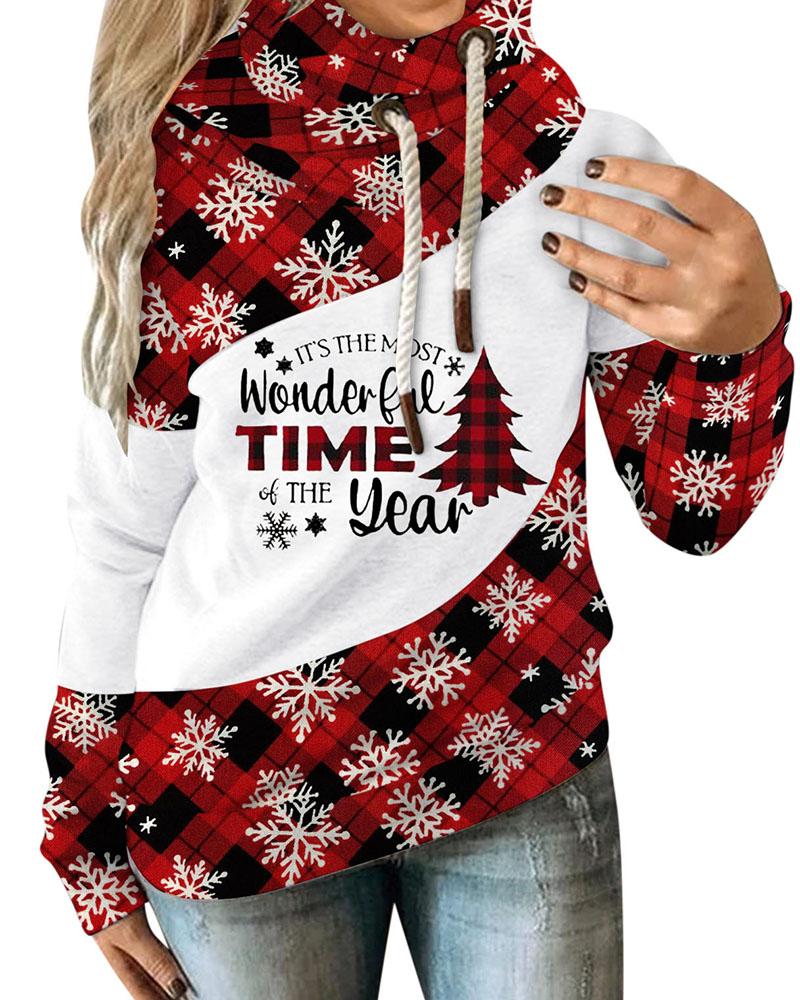 

Christmas Plaid Snowflake Letter Pattern Hooded Top, Black