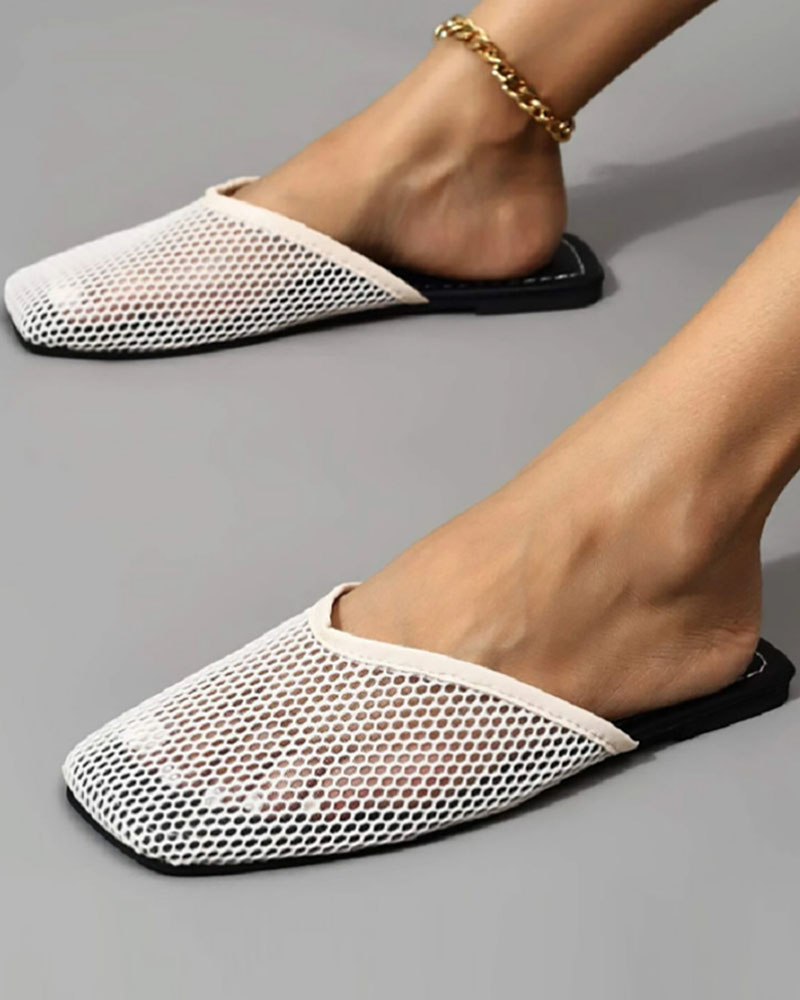 

Fishnet Design Square Toe Slippers, White