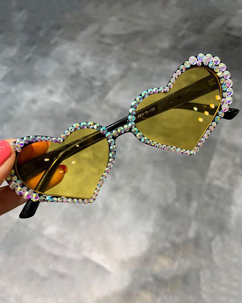 

1Pair Heart Shaped Frame Rhinestone Decor Eyeglasses, Yellow