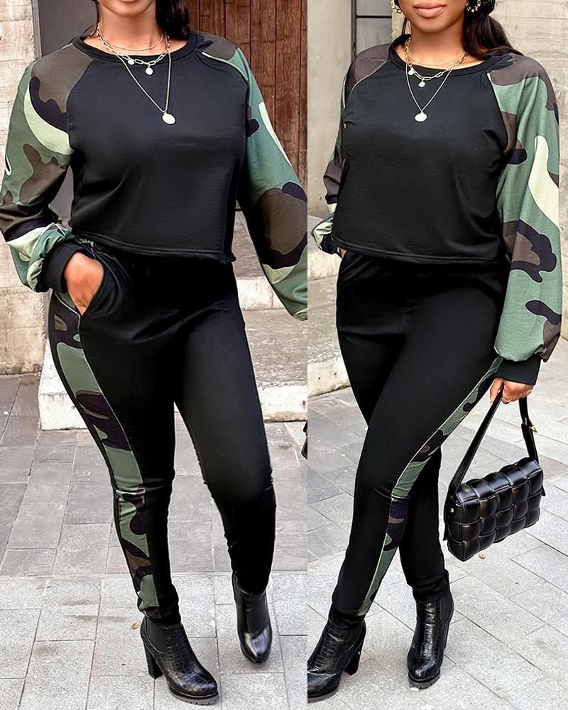 

Camouflage Print Long Sleeve Top & Pants Set, Black