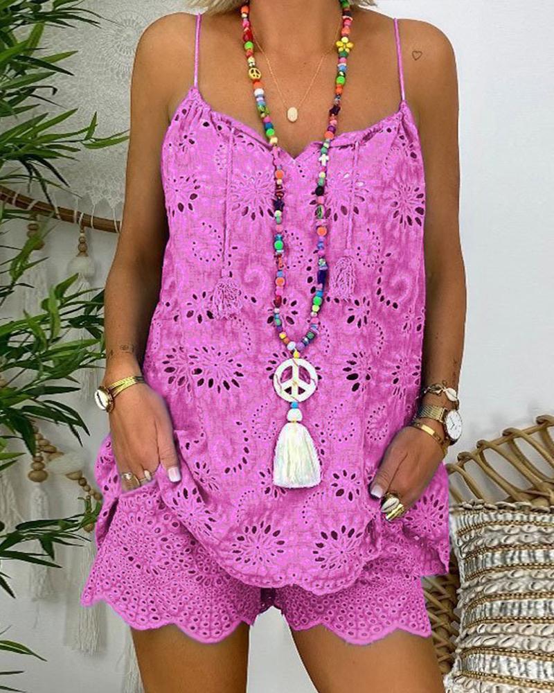 

Eyelet Embroidery Tassel Top & Shorts Set, Rose red