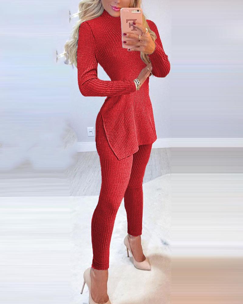 

Slit Long Sleeve High Neck Knit Pajamas Set, Red
