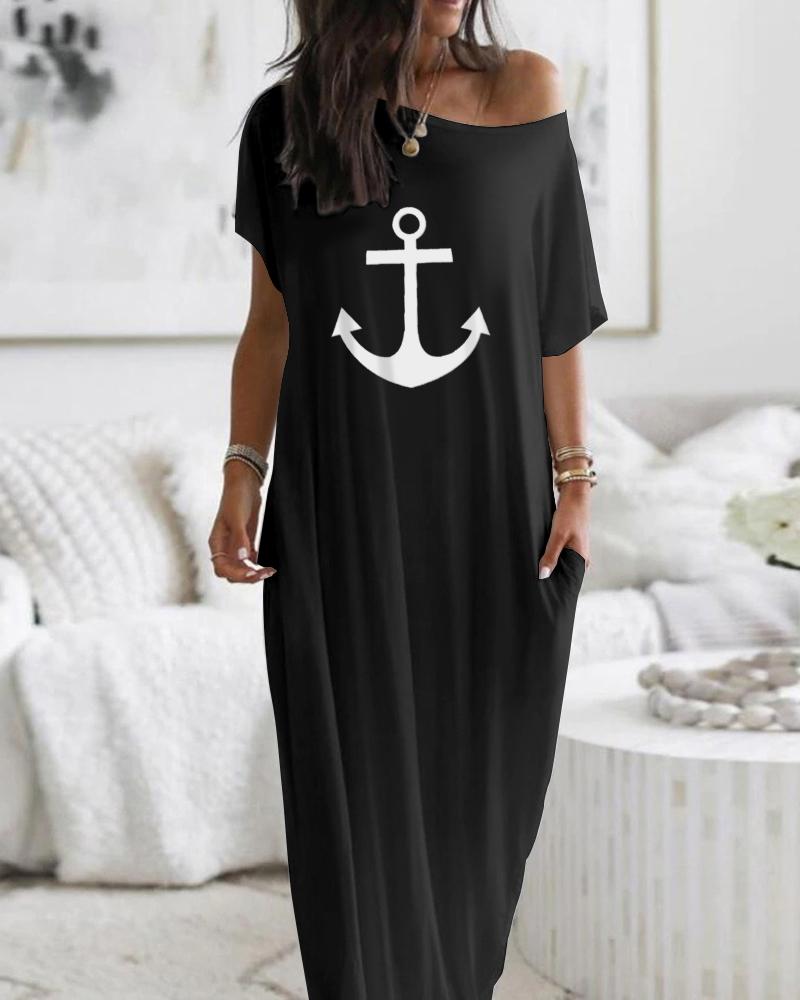 

Anchor Print Cold Shoulder Short Sleeve Dress Casual Pocket Design Loose Fit Maxi Dress, Black