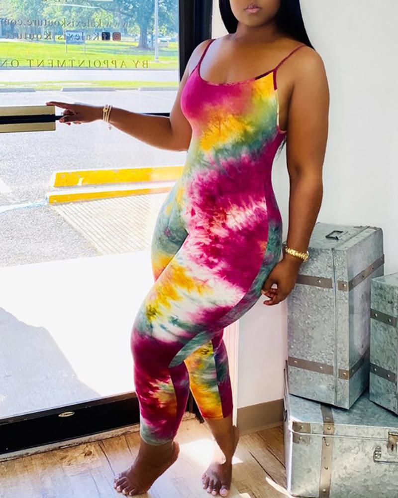 

Spaghetti Strap Tie Dye Print Skinny Jumpsuit, Purple