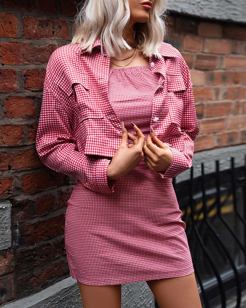 

Plaid Print Ruched Blazer Coat & Bodycon Dress Set, Red
