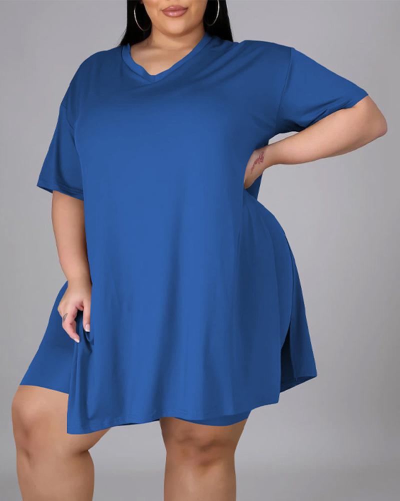 

Plus Size Split Hem Casual Top & Shorts Set, Blue