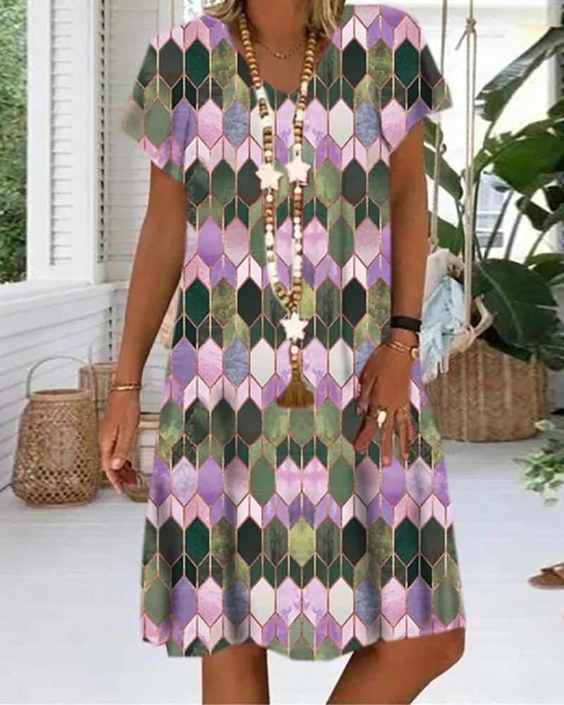 

Geo Pattern Print Colorblock Short Sleeve Dress, Purple