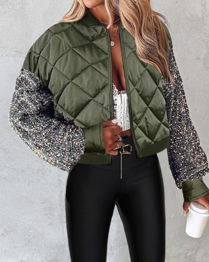 

Contrast Sequin Zipper Design Puffer Jacket, Army green