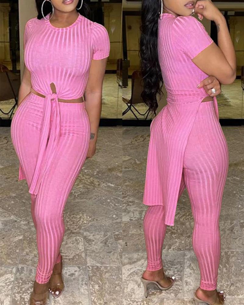

Ribbed Split Hem Longline Top & Pants Set, Pink