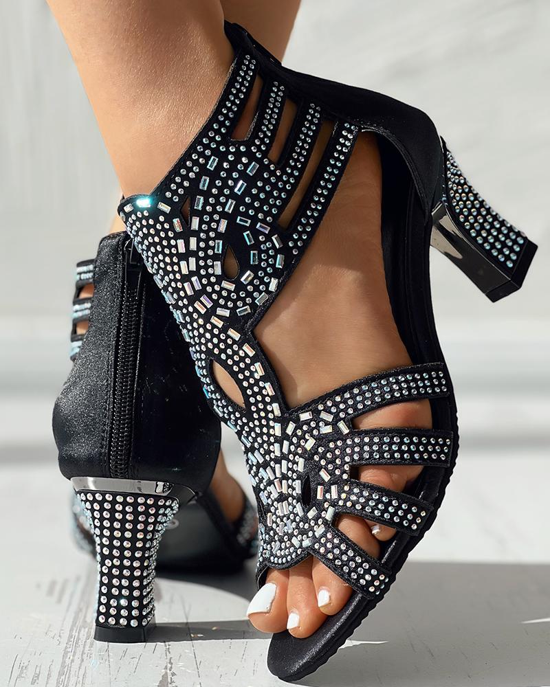 

Hollow Out Rhinestone Decor Dance Heels, Black