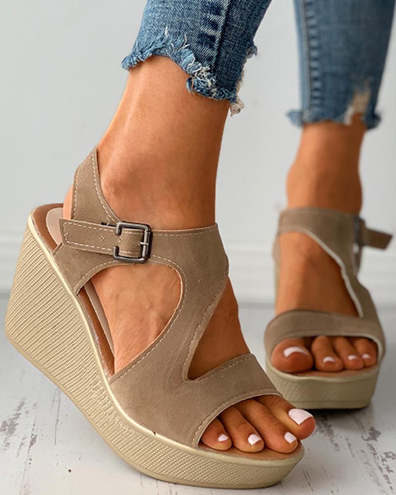 

Suede Cutout Peep Toe Buckled Wedge Sandals, Khaki