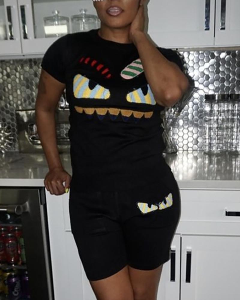 

Cartoon Embroidery T-Shirt & Short Sets, Black