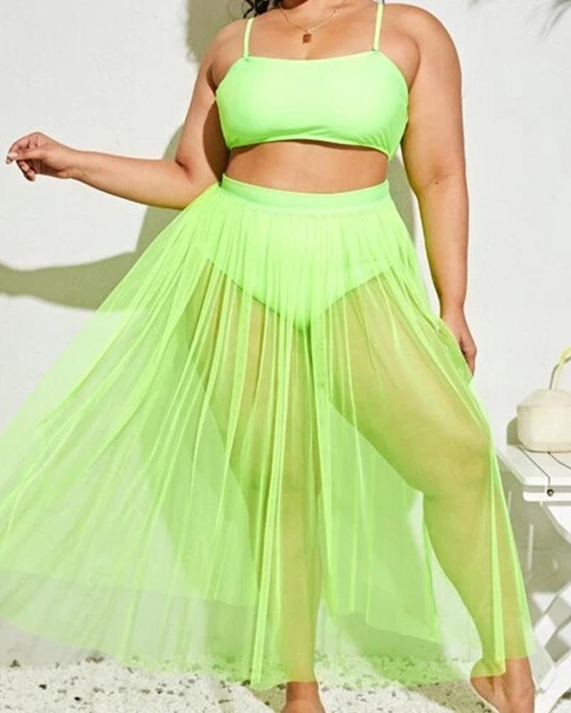 

Plus Size 3PCS High Waist Bikini Set With Sheer Mesh Cover Up, Green