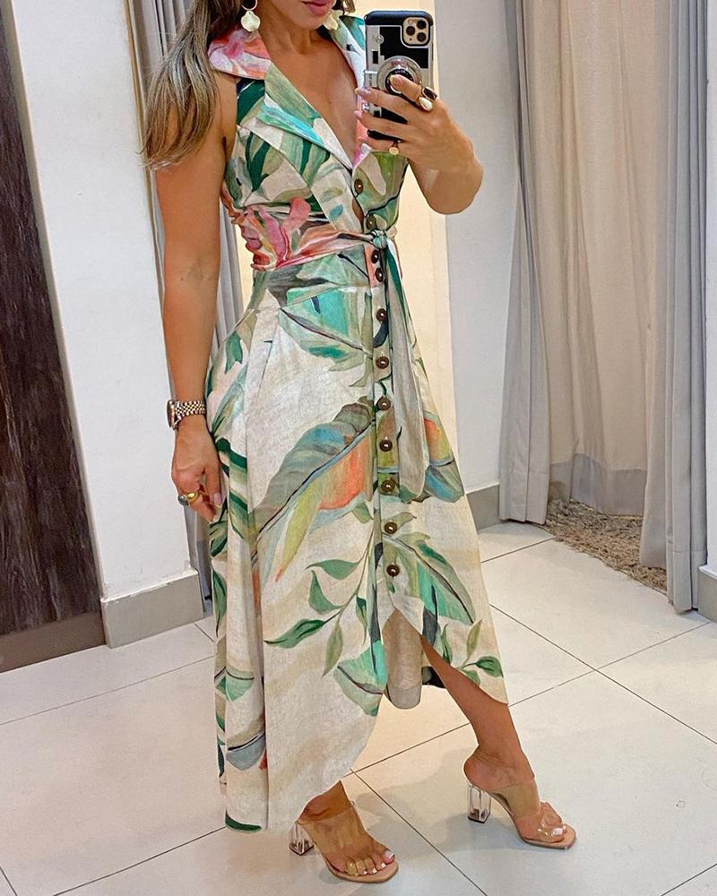 

Floral Print Button Design Halter Backless Maxi Women Dress, Multicolor