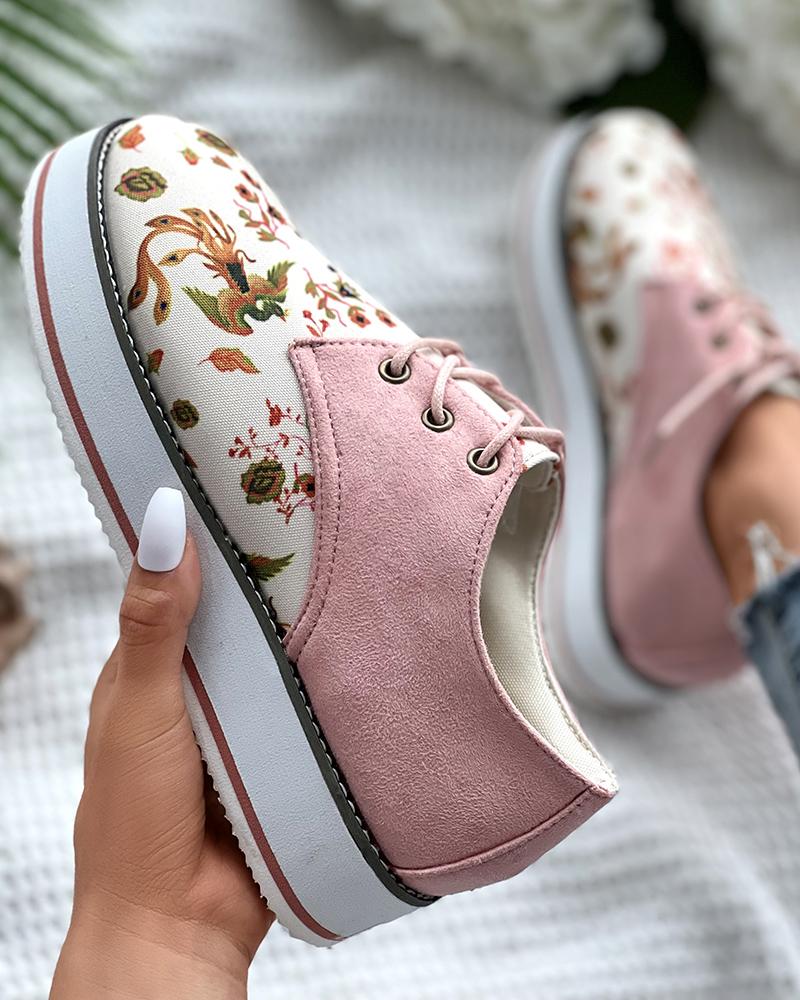 

Peacock Floral Print Eyelet Lace-up Muffin Shoes, Pink