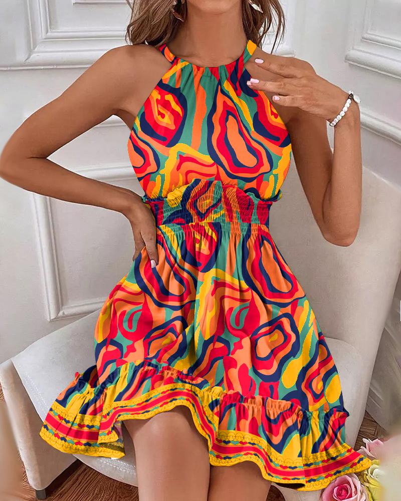 

Multi-Color Abstract Print Shirred Ruffles Halter Casual Dress, Multicolor
