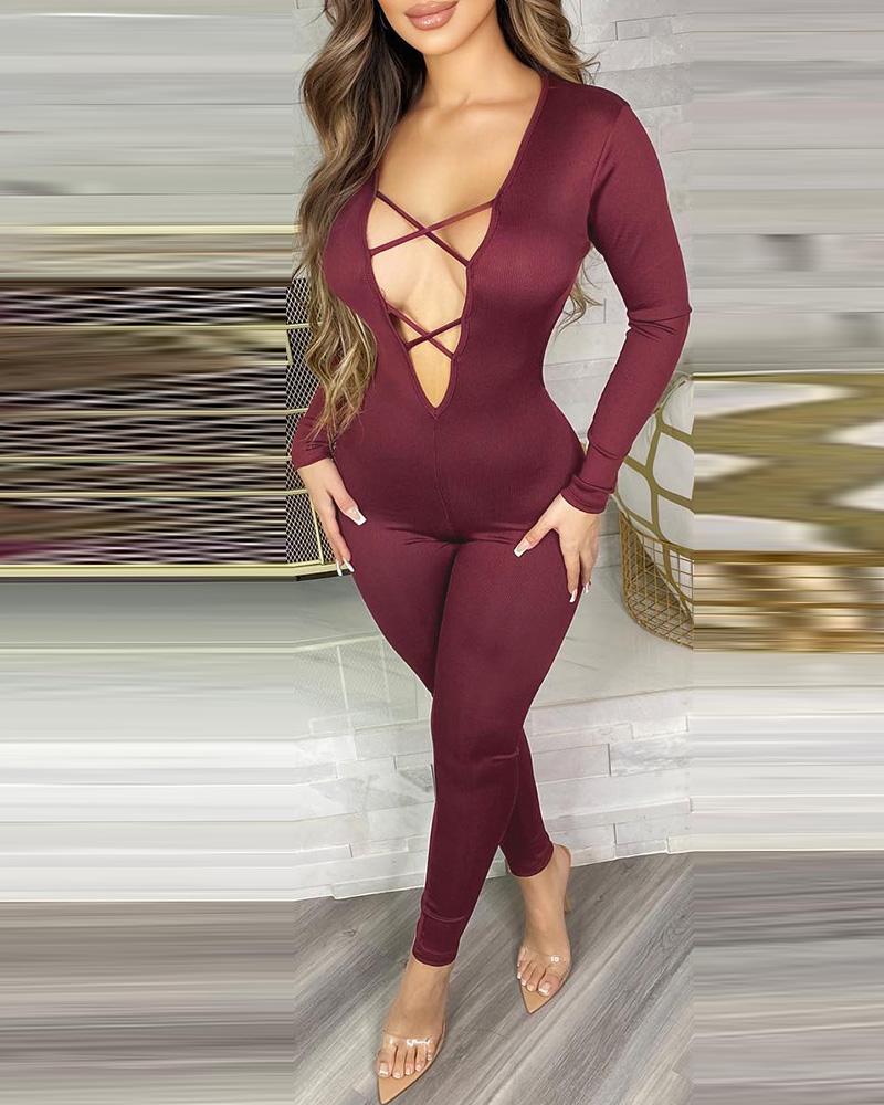 

Cutout Front Long Sleeve Skinny Jumpsuit, Wine red