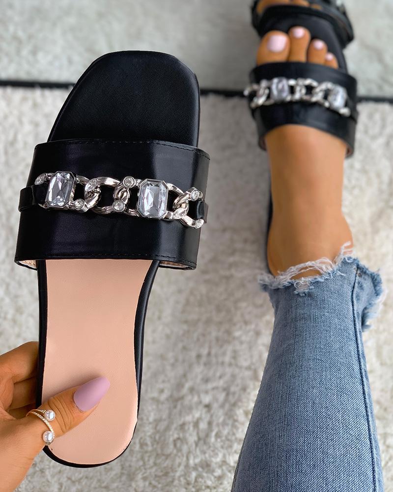 

Square Toe Rhinestone Chain Strap Slippers, Black