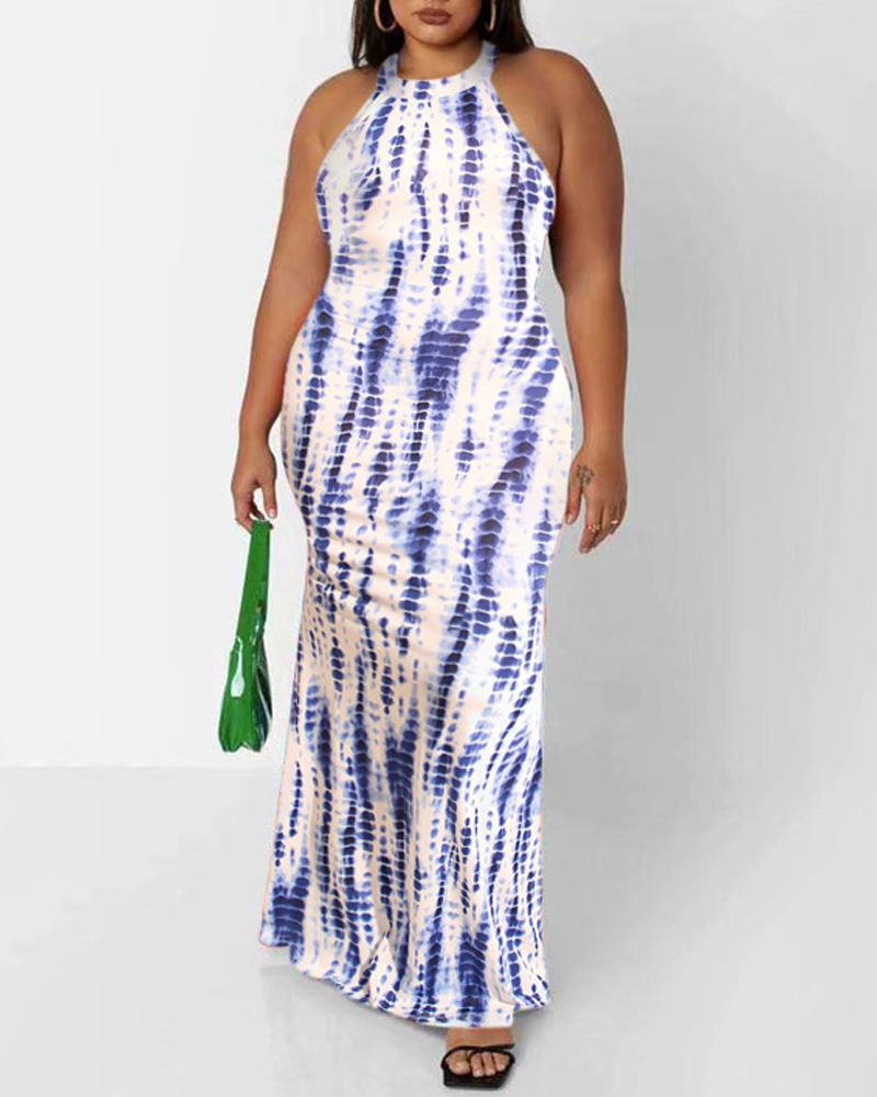 

Plus Size Tie Dye Print Cutout Back Maxi Dress, Blue&white