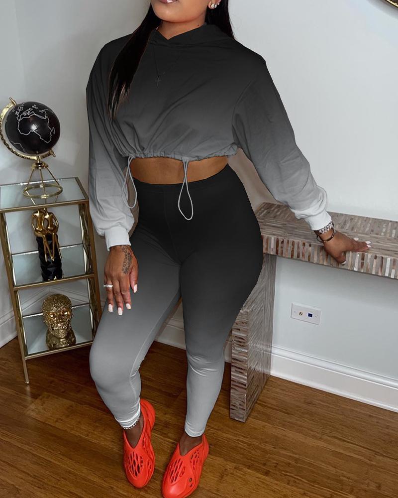 

Ombre Drawstring Long Sleeve Hooded Crop Top & Pants Set, Black