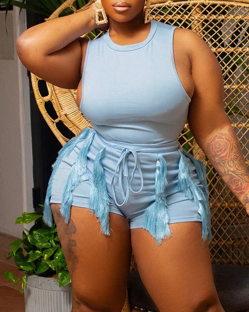 

Plus Size Crew Neck Tank Top & Tassel Design Shorts Set, Lighted blue
