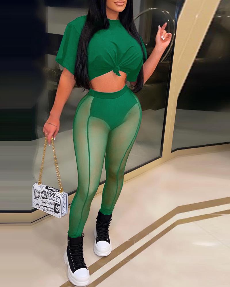 

Casual Crop Top & High Waist Sheer Mesh Pants Set, Green