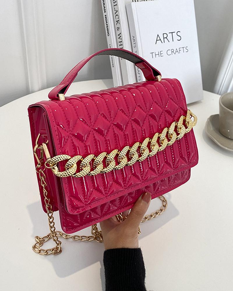 

Quilted Chain Strap Flap Shoulder Bag With Handle, Hot pink
