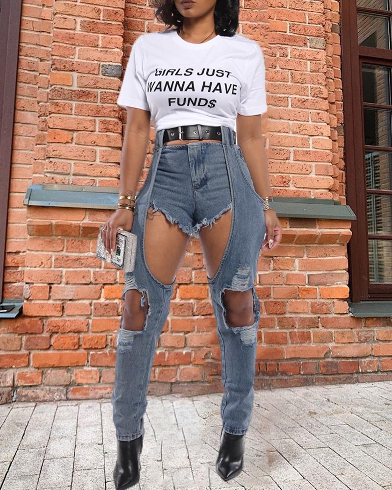 

Denim Cut Out Casual Pants, Lighted blue