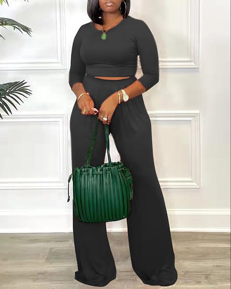 

Long Sleeve Crop Top & High Waist Pants Set, Black