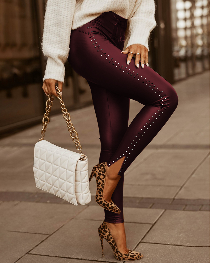 

Studded Tied Detail PU Leather Skinny Pants, Wine red