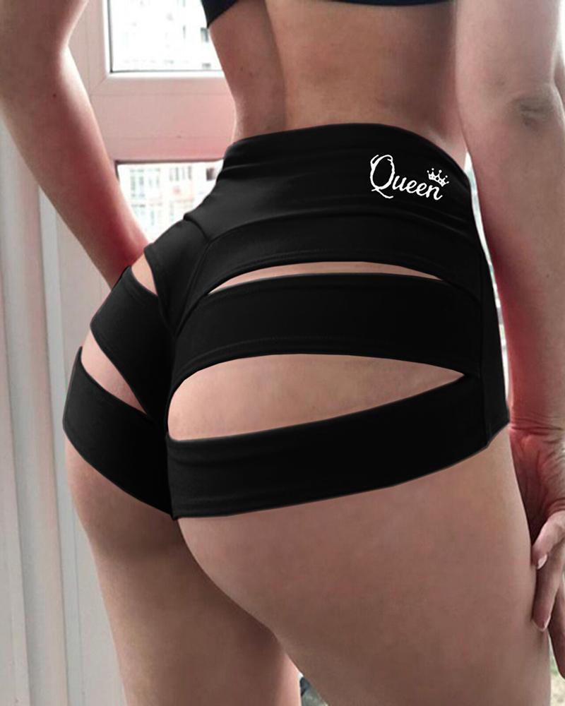 

High Waisted Letter Print Butt Lifting Cutout Yoga Shorts, Black