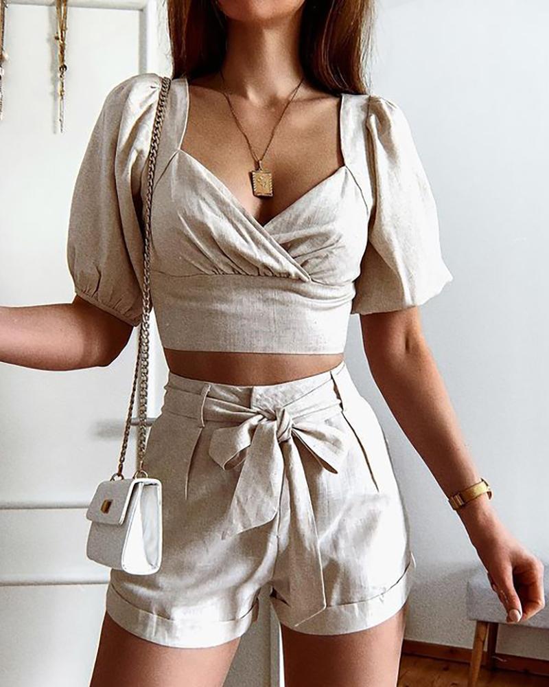 

Plain Short Sleeve Crop Top & Tie Front Shorts Sets, Khaki