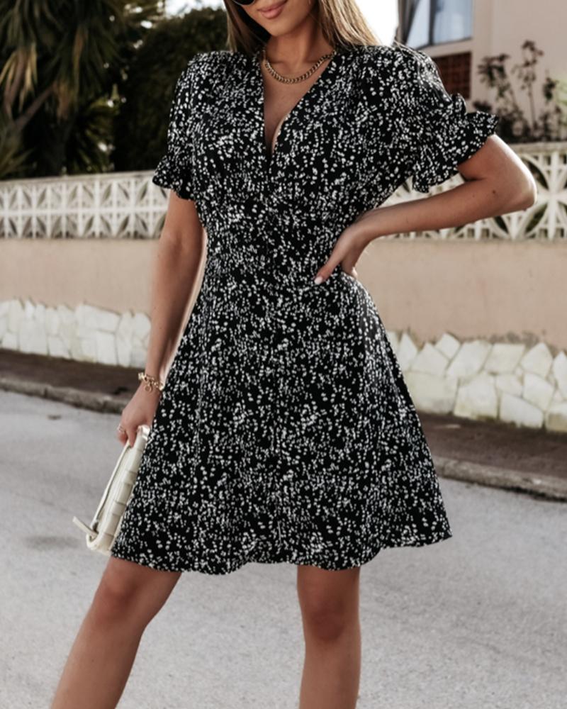 

Floral Print Skinny Waist Short Sleeve Mini Dress, Black