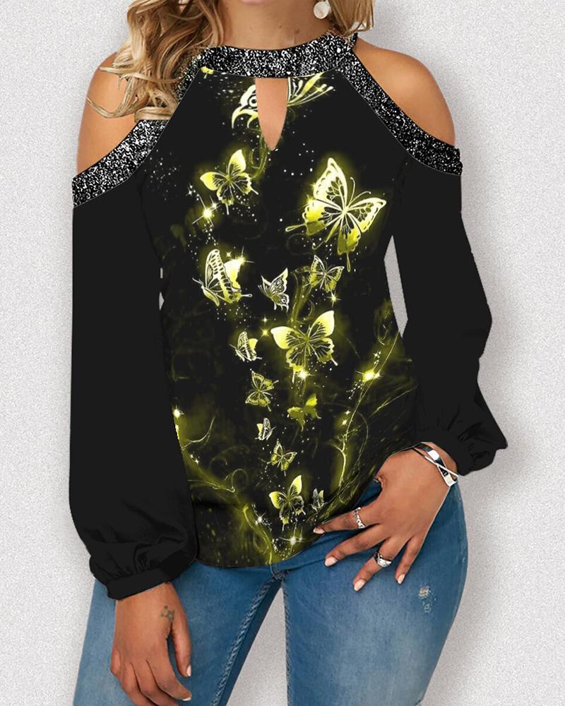 

Cold Shoulder Butterfly Print Top, Yellow