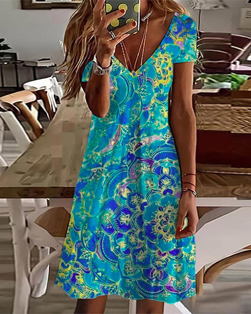 

Baroque Print Short Sleeve Casual Dress, Blue