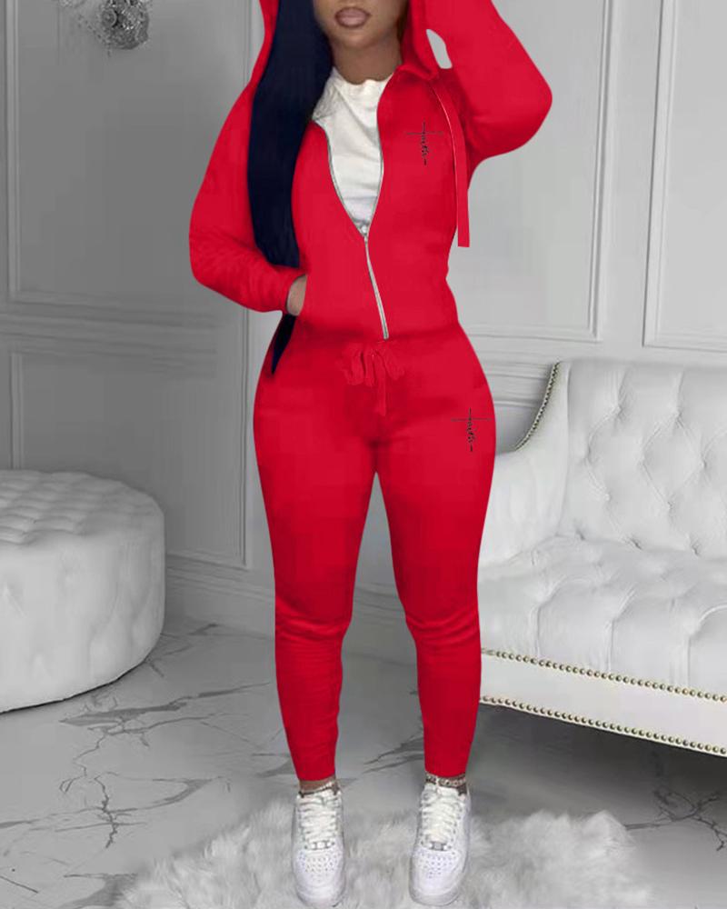 

Zipper Pocket Design Letter Print Hoodie & Drawstring Pants Set, Red