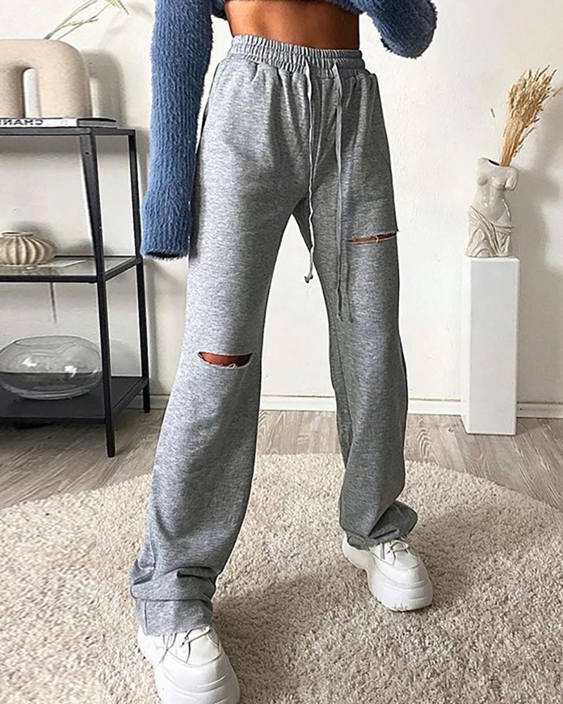 

Plain Cutout Drawstring Sweatpants, Gray
