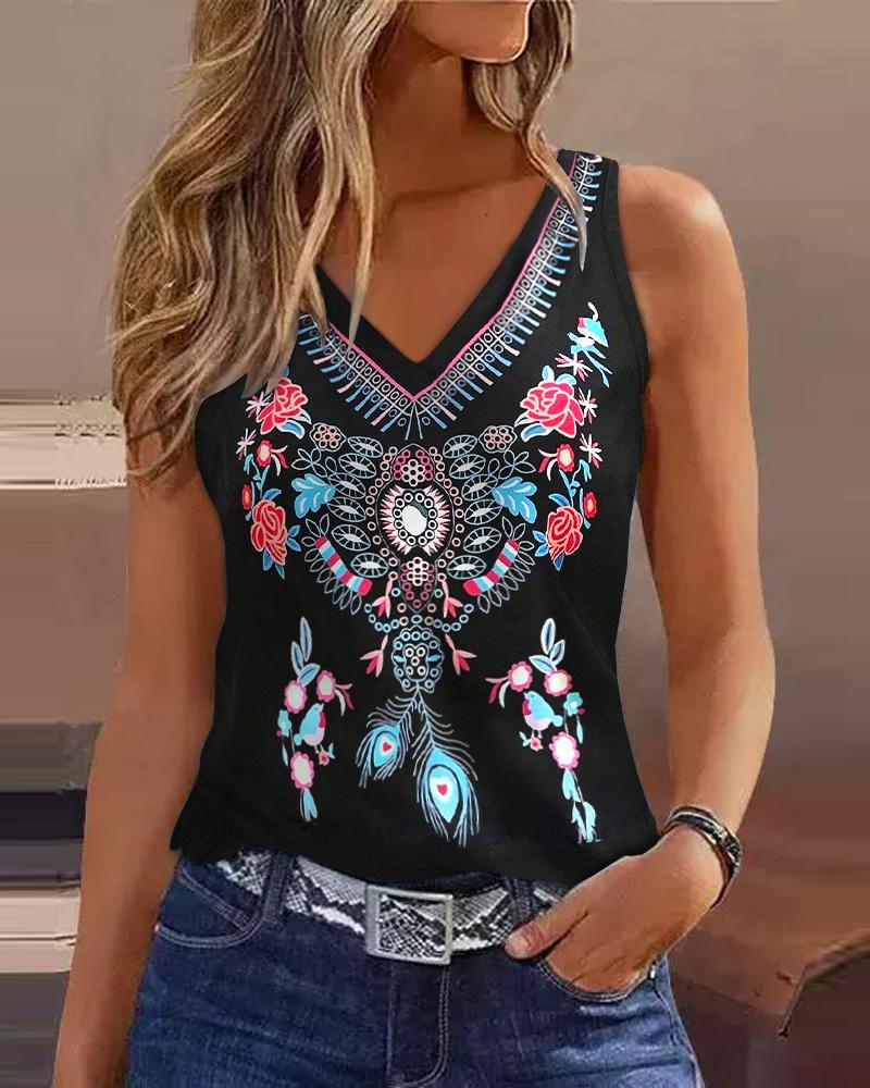 

Floral Tribal Print V-Neck Tank Top, Black