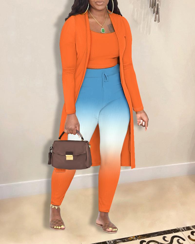 

3PCS Cami Top & Ombre Pants Set With Longline Coat, Multicolor